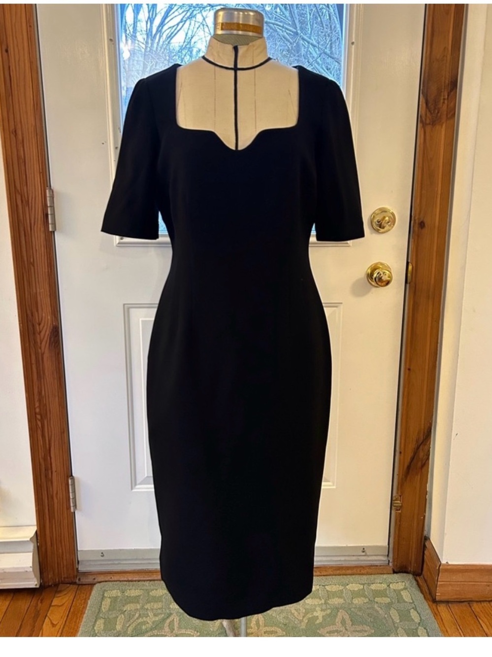 Elegant Black Midi Sheath Dress with Sculpted Square Neckline